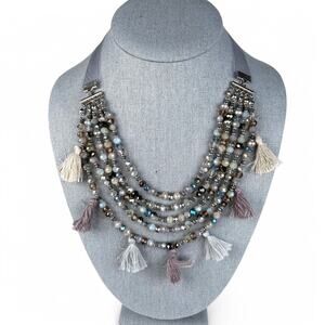 Multi Strand Crystal Bead Necklace with Tassels Gray Taupe Statement Jewlery